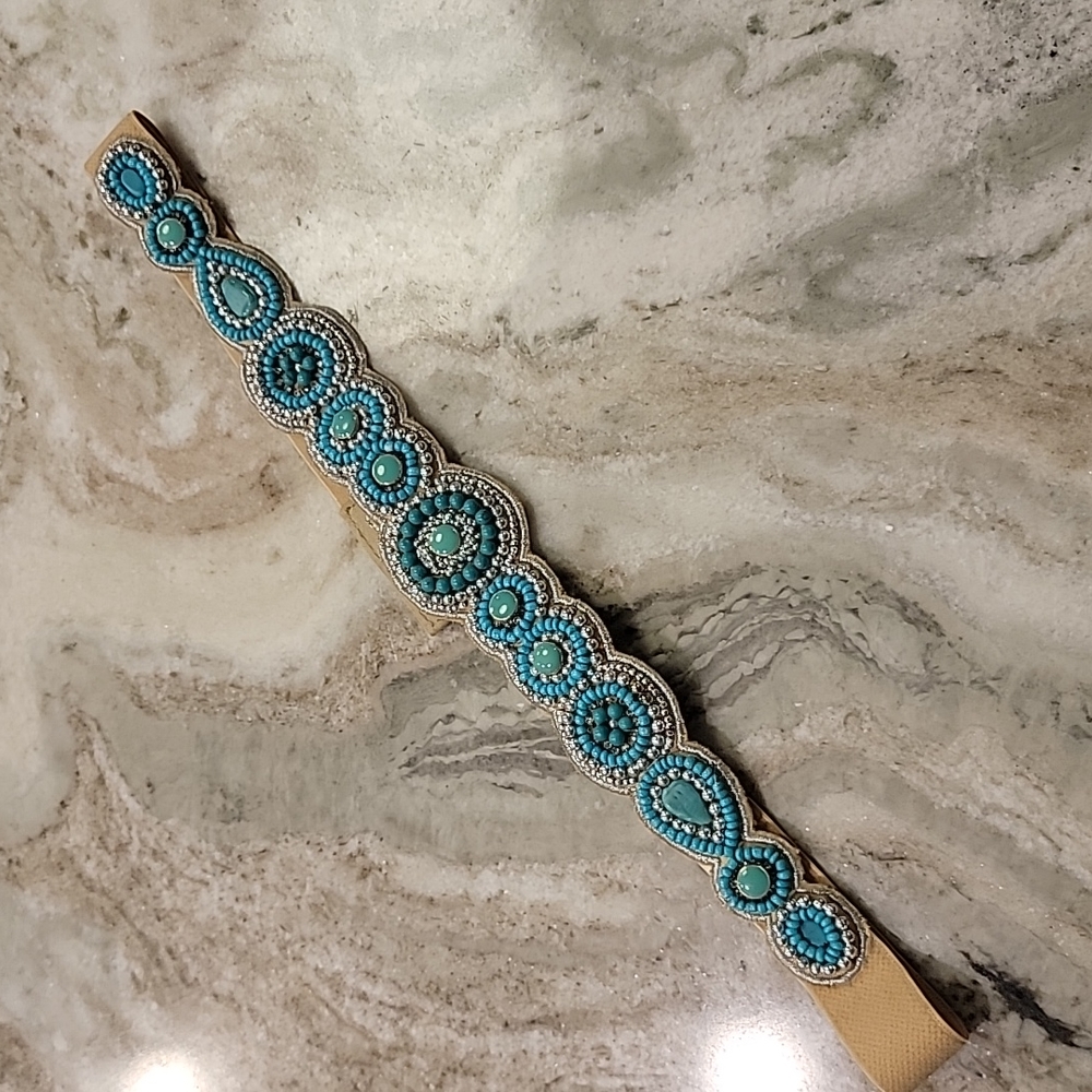Anthropologie Turquoise Beaded Elastic Belt Silver Trim Medium
